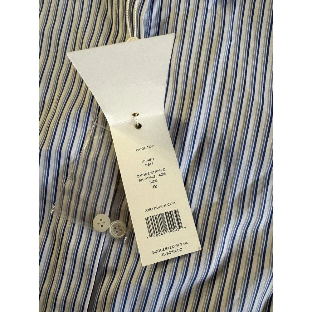 Tory Burch Blue White Pinstripe Cotton Paige‎ Top Bell Sleeves Size 12 NWT